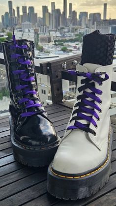 "Double sided two-toned laces for your Dr Martens boots in purple and black satin. I make these using the lovely quality satin ribbon from Kochs and Co who are an Australian family-owned business who has been manufacturing and supplying ribbon and florist supplies for 90 years. The photos show the same laces, just threaded into my boots differently to show you the different effects. One side is black satin and the other violet satin. When lacing up your boots with them, a slight twist in the ribbon after each full loop of your eyelets will result in one of these two looks, depending on whether you prefer to cross lace or straight lace your Docs. Each lace is tipped with a metal aglet which may or may not be perfectly perfect like it came from a factory. Most likely not perfectly perfect, b Purple Boots, Satin Noir, Florist Supplies, Dr Martens Boots, Shoe Insoles, Purple Lace, Doc Martens, Double Face, Tall Boots