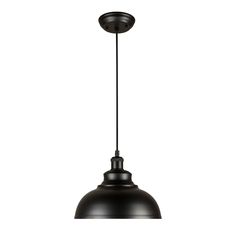 an industrial style pendant light fixture with black metal finish on the bottom, and a white background