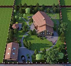 this is an aerial view of a house in the middle of a yard and driveway