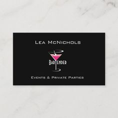 a black business card with a pink martini in the middle and text that reads, lea mcintoshols bartender events & private parties