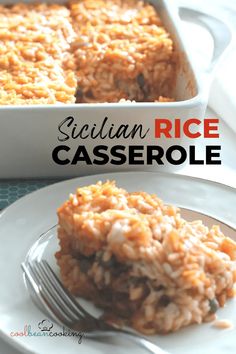 rice casserole on a white plate with a fork in it and the words sicilian rice casserole