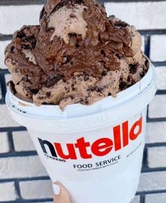 a person holding up an ice cream in front of a brick wall with the word nutella written on it