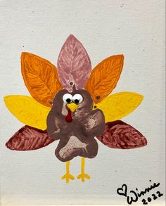 a painting of a turkey with leaves on it