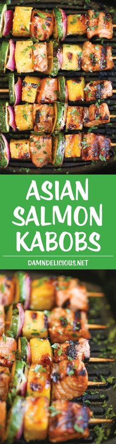 Asian Salmon Kabobs - These salmon kabobs are easy to make, hearty, light and healthy. And they're packed with tons of vibrant flavors! 368.1 calories. Simple Summer Recipes, Kabobs On The Grill, Asian Salmon, Veggie Kabobs, On The Grill, Seafood Dishes, The Grill, Salmon Recipes