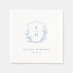 a white napkin with blue ink on it that says victoria and hudson in the center