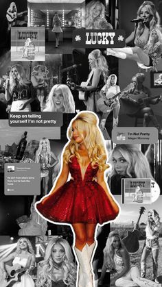 a collage of photos with the words lucky on it and images of women in red dresses