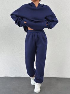 Kangaroo Pocket Drop Shoulder Hoodie And Sweatpants Two Piece Set Navy Blue Casual    Plain  Non-Stretch  Women Clothing, size features are:Bust: ,Length: ,Sleeve Length: Royal Blue Sweatpants Outfit, Sweat Sets Women, Dors Style, Two Piece Sweat Suit Outfit, Navy Sweatpants Outfit, Sweatpants And Hoodie Outfit, Aritzia Sweatsuit, Navy Blue Clothes, Blue Sweatsuit