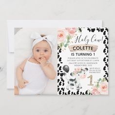 Girls Holy Cow and Cow Print Photo 1st Birthday Invitation Cow 1st Birthday, Boho Birthday, Black Balloons, Holy Cow, Birthday Invitations Girl, Pink Invitations, 1st Birthday Invitations