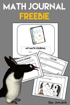 a penguin sitting on top of a pile of paper next to a notebook with the text, my math journal freebie