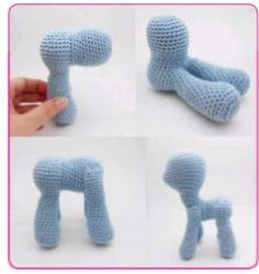 four different views of a stuffed animal made out of knitted material, including the legs and head