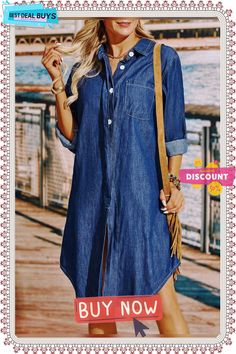 Casual Solid Loosen Denim Long Sleeve Dress Casual Non-stretch Long Sleeve Denim Dress, Non-stretch Long Sleeve Denim Dress, Non-stretch Denim Dress With Pockets For Day Out, Long-sleeved Denim Dress With Pockets For Summer, Casual Long Sleeve Denim Summer Dress, Knee-length Denim Dress For The Beach, Denim Blue Long Sleeve Denim Dress For Summer, Long Sleeve Denim Dress For Summer, Long Sleeve Denim Blue Dress For Summer