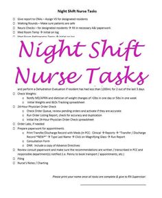 the night shift nurse task sheet is shown with pink writing on it and an image of a