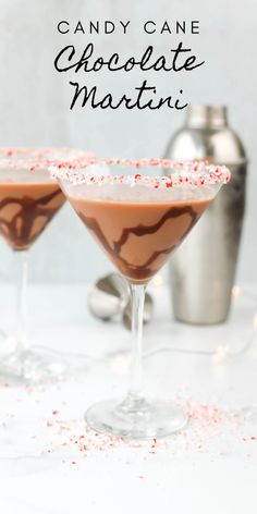 two glasses filled with candy cane chocolate martinis