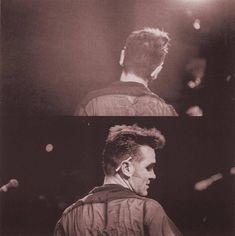 two black and white photos of a man with short hair in front of a microphone