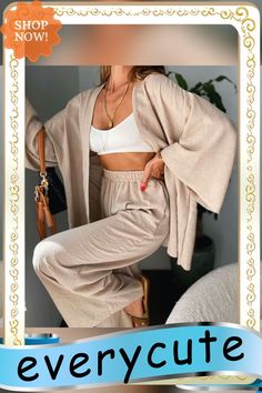 Elegant Loose Cardigan Top + Elastic Wide-leg Pants Sets Women Casual Long Sleeve 2pc Set Female Cotton Linen High Street Suits Long Sleeve Sets With Pockets For Vacation, Solid Color Non-stretch Sets For Fall, Solid Color Matching Set For Fall, Spring Solid Color Long Sleeve Sets, Summer Beige Pant Set, Beige Sets For Spring Daywear, Chic Solid Color Sets For Day Out, Solid Color Sets For Spring Vacation, Solid Color Spring Vacation Sets