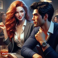 a man and woman sitting at a bar next to each other with drinks in front of them