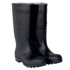 a pair of black rain boots on a white background