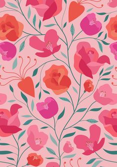 pink and red flowers with green leaves on a light pink background seamless wallpaper