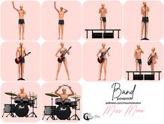 a man with no shirt is playing the guitar and posing for different poses in front of his drum set