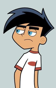 an animated cartoon character with black hair and blue eyes, wearing a white t - shirt