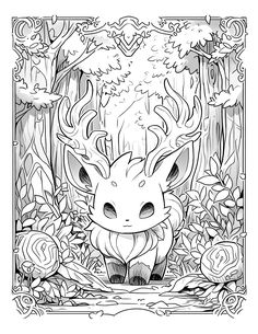 an adult pokemon coloring page in the woods with flowers and plants on it, including leaves