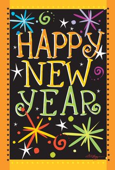 a happy new year greeting card with stars and confetti on the front,