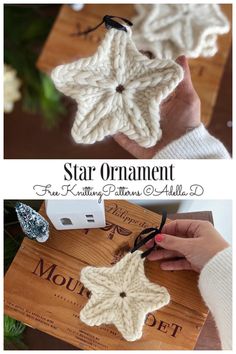 crochet star ornament is shown in two different pictures, one showing the pattern