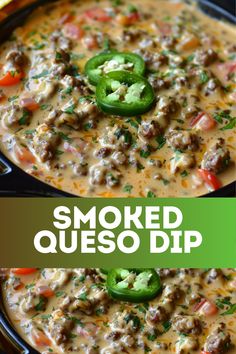 two pictures with the words smoked queso dip in them and an image of peppers on top