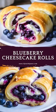 blueberry cheesecake rolls on a white plate