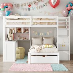 a white bunk bed sitting in a bedroom next to a pink and blue balloon filled wall