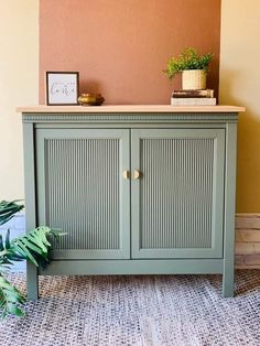 a green cabinet sitting on top of a rug next to a potted plant