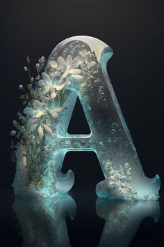 the letter a is made up of flowers and water droplets on a black background with reflection