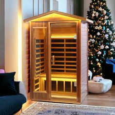 a living room with a christmas tree in the background and a sauna on the floor