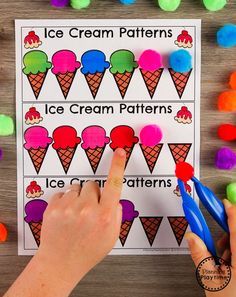 the ice cream pattern worksheet is shown with colored pom poms