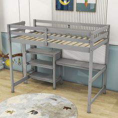 a bunk bed with two shelves underneath it in a child's room, next to a rug on the floor