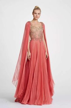 Coral Gown, Marchesa Couture, Gown With Cape, Couture Skirts, Pleated Gown, Cape Gown, Gown Skirt, Illusion Tulle, Embroidered Bodice