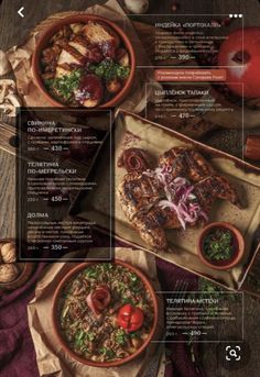 a menu with different types of food in bowls and on the side, including meat