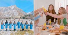 two photos, one with women in blue dresses and the other with blonde hair holding champagne flutes