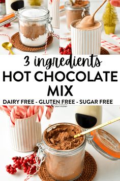 three ingredient hot chocolate mix in jars with candy canes