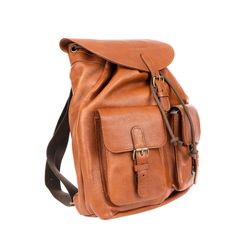 Practicality meets professional with Ruitertassen’s Pebbled Traveler Backpack in fine cognac leather. The large main compartment can hold everything from laptops and documents to some essentials for the weekend or the gym and closes with a pull cord. The zippered side compartment holds your phone or wallet and the elasticized inner pocket, key ring and pen loops, keep your keys and smaller items secured and neat. Its two outer front pockets are adjustable and close with small clasps hidden behin