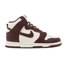 Find NIKE Wmns Dunk High 'burgundy Crush on Editorialist. The Nike Women’s Dunk High ‘Burgundy Crush’ outfits the retro hoops shoe in classic two-tone color blocking, redolent of the introductory ‘Be True to Your School’ series from 1985. The leather upper combines a white base with contrasting burgundy overlays and a color-matched Swoosh. A padded high-cut collar, along with a breathable nylon tongue, provides a secure and comfortable fit. Anchoring the sneaker is a durable cupsole, featuring stitched sidewall construction and a grippy rubber outsole. Crush Outfits, School Series, Nike Air Jordan 1 Low, Flight Club, Jordan 11 Retro Low, Jordan 13 Retro, Nike Dunk High, Mens Shoes Casual Sneakers, Dunk High