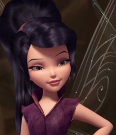 a cartoon character with long black hair wearing a purple dress