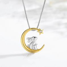 Foydjew New Fashion Cute Moon Rabbit Pendant Necklaces Clavicle Chain Women Creative Design Bunny Rabbit Sitting, Moon Rabbit, Rabbit Necklace, Animal Zodiac, Cat Necklace Silver, Bunny Necklace, Rabbit Pendant, Animal Necklace, Chain Women