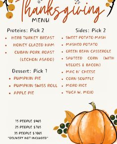 a thanksgiving menu with pumpkins on it