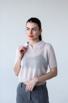 Light silk mohair knit polo shirt top, Knit summer see through crop sweater for women by TulipKnitAtelier on Etsy Mohair Top, Knit Summer, Knit Polo Shirt, Light Silk, Mohair Knit, Wool Pullover, Cropped Pullover, Sweater For Women, Knit Polo