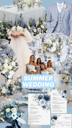 a collage of blue and white wedding decorations, flowers, and bride's dress