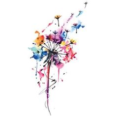 a watercolor painting of a dandelion with lots of colorful flowers on it