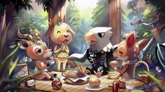 an image of some animals that are having a picnic in the woods with food and drinks