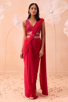 Fuchsia lycra pre-draped saree with pleated detailing. Comes with a floral and cutwork hand embroidered padded blouse and a belt. - Aza Fashions Drape Sari, Pre Bridal, Modern Bridal Gowns, Draped Saree, Padded Blouse, Embroidered Belt, Drape Saree, Indian Wedding Wear, Western Wedding