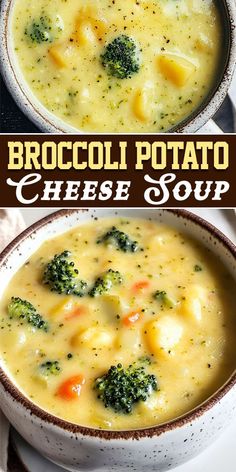 broccoli potato cheese soup in a white bowl